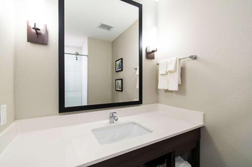 a bathroom with a sink and a large mirror at Comfort Suites Humble Houston IAH in Humble
