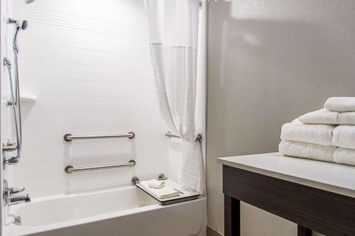 a bathroom with a shower and a sink with towels at Comfort Suites Humble Houston IAH in Humble