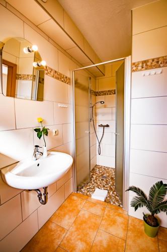 a bathroom with a sink and a shower at Pension Fischerhaus in Trassenheide