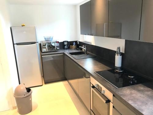 a kitchen with a sink and a refrigerator at T2 Moderne avec jardin in Rayol-Canadel-sur-Mer