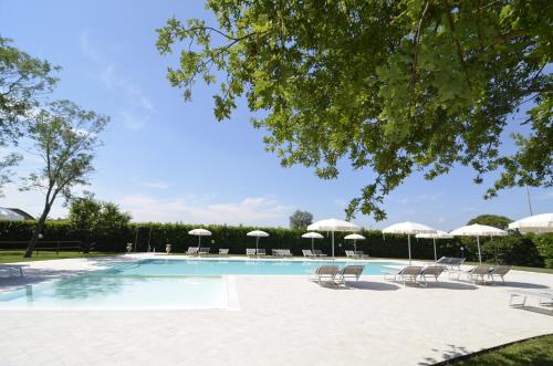 a swimming pool with chairs and umbrellas at Agriturismo La Pisana in Pisa