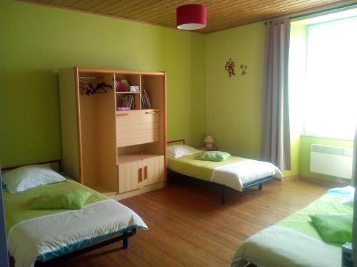 2 Betten in einem Zimmer mit grünen Wänden in der Unterkunft Gîte Chez Deplante in Breurey-lès-Faverney