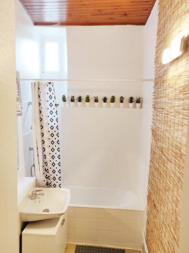 une salle de bain avec toilettes, lavabo et douche dans l'établissement Chez Fanny - appartement de qualité hypercentre Cahors, à Cahors