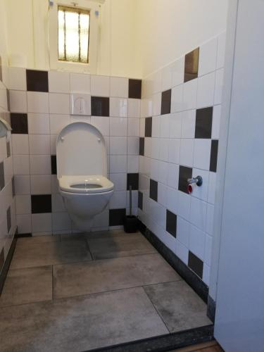 a bathroom with a toilet with black and white tiles at B&B Het Oude Postkantoor in Yerseke