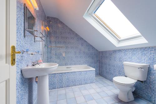 a blue tiled bathroom with a toilet and a sink at Dingle Centre Townhouse An Capall Dubh Dingle in Dingle