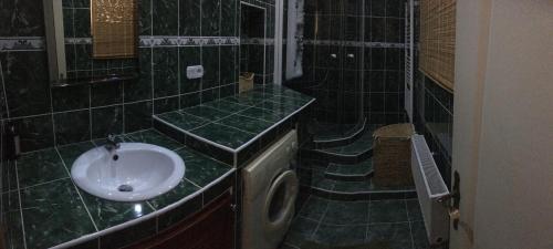 un bagno piastrellato verde con lavandino e lavatrice di Holiday Home Mia a Belá