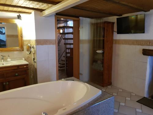 a bathroom with a tub and a sink and a television at Elbe Ferien in Marschacht