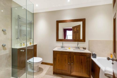 a bathroom with a sink and a toilet and a shower at Grand Ambassadorial Duplex Apartment Hyde Park in London