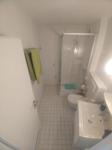 a white bathroom with a shower and a sink at Grömitz am Meer in Grömitz