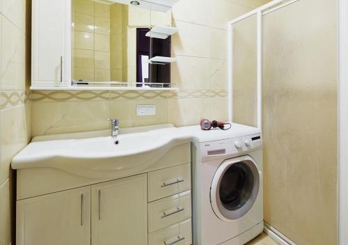 W łazience znajduje się pralka i umywalka. w obiekcie Уютная квартира на площади Рынок w Lwowie