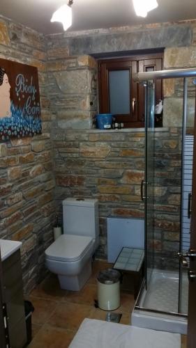 a bathroom with a toilet and a stone wall at Pacithea Villas in Miléai