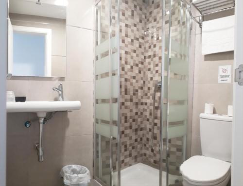 a bathroom with a shower and a toilet and a sink at Puerta Alameda Suites in Ronda