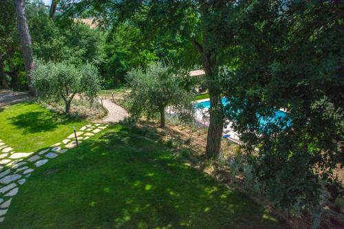 an overhead view of a yard with a swimming pool and trees at Villa Talosa in Montepulciano