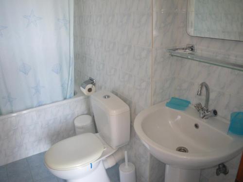 La salle de bains est pourvue de toilettes blanches et d'un lavabo. dans l'établissement Villa Frideriki, à Agia Paraskevi
