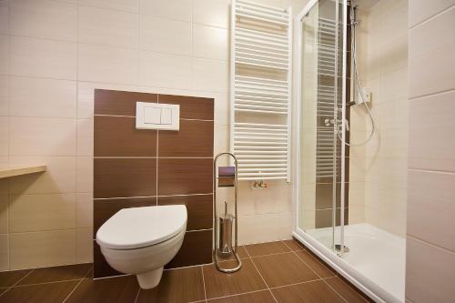 a bathroom with a toilet and a shower at Hotel Cztery Brzozy Gdańsk Kowale in Gdańsk