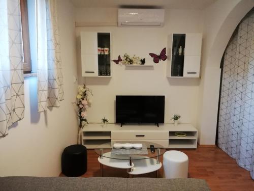 ein Wohnzimmer mit einem Flachbild-TV an der Wand in der Unterkunft Apartment Zdravko in Štinjan