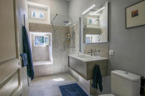 La salle de bains est pourvue d'un lavabo, d'une douche et de toilettes. dans l'établissement Apartment Pont Romain, à Vaison-la-Romaine