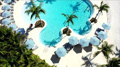 an overhead view of a swimming pool with blue and white umbrellas at Isla Bella Beach Resort & Spa - Florida Keys in Marathon