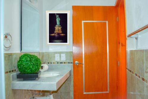 a bathroom with a sink and a orange door at Real Carretero in Tapalpa