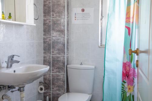 a bathroom with a white toilet and a sink at Phoenix Beachside Condos in Kokóni