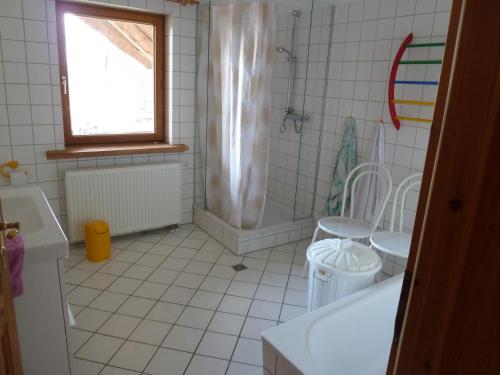 y baño con 2 aseos y ducha. en Muschel, en Riepsdorf