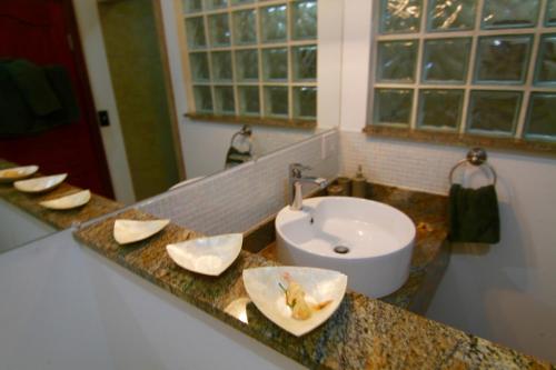 eine Badezimmertheke mit einem Waschbecken und einem Spiegel in der Unterkunft mame trees in West End