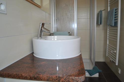 a bathroom with a sink on a counter at Appartement Dachgeschoss in Schlepzig