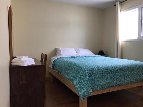 a bedroom with a bed with a blue comforter and a window at Bonne Bay Cottages in Bonne Bay Pond
