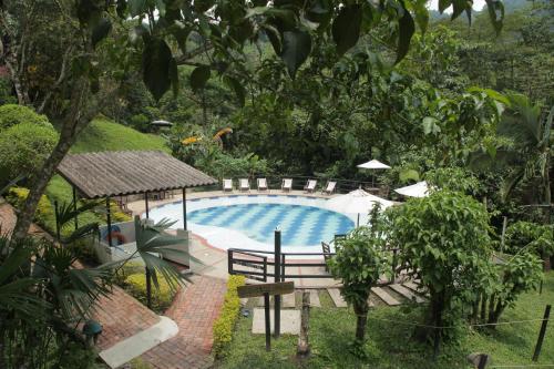 a pool in a garden with a bench and umbrella at HOTEL LA SELVA Reserva in La Vega