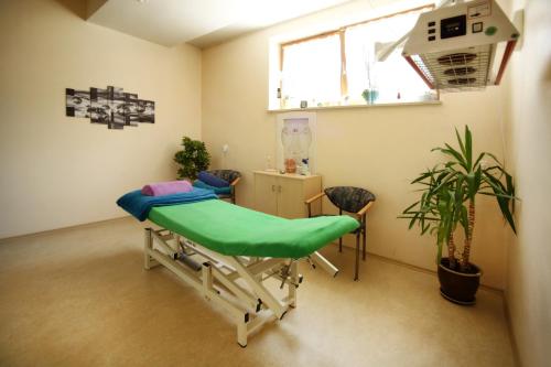 a hospital room with a bed and a plant at Appartementhaus Albrecht in Bad Füssing