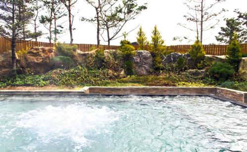 a swimming pool with water in a yard at Sobaeksan Punggi Spa Resort in Yeongju