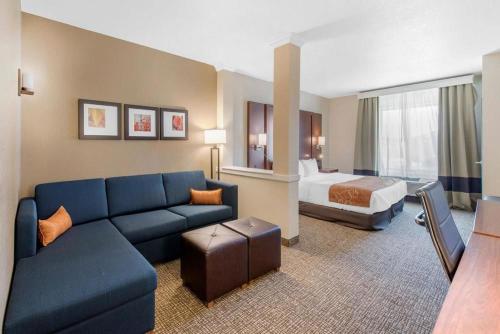デンバーにあるComfort Suites Denver International Airportのソファとベッド付きのホテルルーム