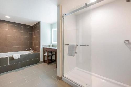 a bathroom with a shower and a tub and a sink at Comfort Suites Denver International Airport in Denver