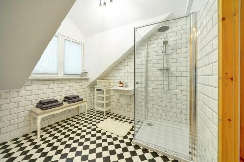 a bathroom with a shower and a checkered floor at Apart-Invest Apartament Alter Ego in Szklarska Poręba