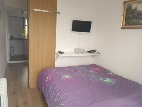 a bedroom with a purple bed with a tv on the wall at Rest room near to Heathrow Airport in Ashford