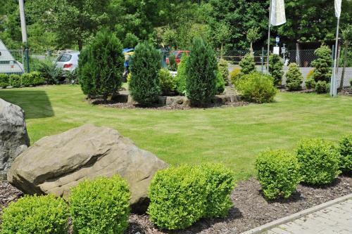a garden with a large rock and bushes at Apartmány Rosalka in Stará Oleška