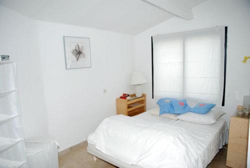 a bedroom with a white bed with blue pillows on it at La petite Cigale in Cesseras