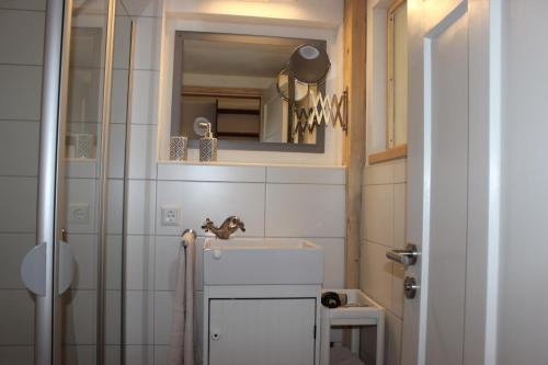 a small bathroom with a sink and a mirror at Zur alten Scheune in Balingen