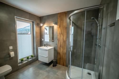 a bathroom with a shower and a toilet and a sink at Apartament Kasztanowy blisko centrum - Dream Apart in Szczyrk