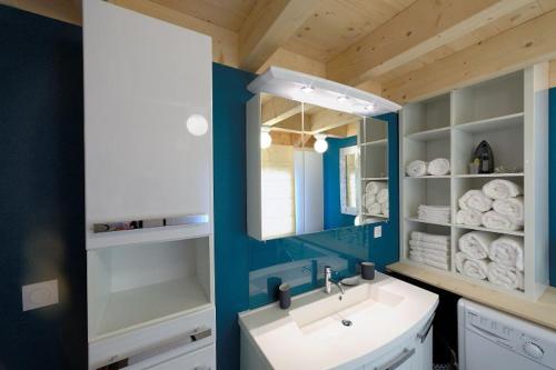 uma casa de banho com um lavatório e um espelho em Gîte du Bief de la Chaille em Les Rousses
