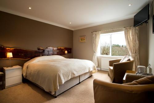 a bedroom with a bed and a chair and a window at Sharamore House B&B in Clifden