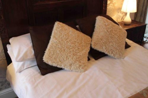 a bed with two brown pillows on it at Ye Olde Nags Head in Castleton