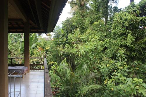 a porch of a house with trees and plants at Raka Rai Bungalows in Ubud