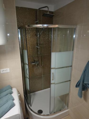 La salle de bains est pourvue d'une douche avec une porte en verre. dans l'établissement Aquamarine apartment, à Split