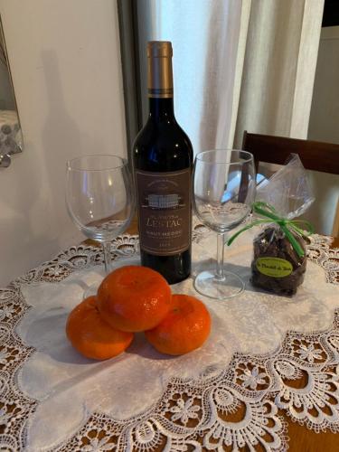 a bottle of wine and two glasses on a table at Mon Paris in Paris