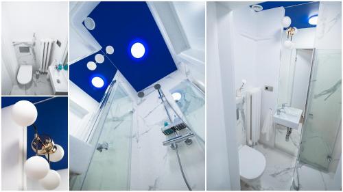 three pictures of a bathroom with a shower and a sink at Skwer Kościuszki in Gdynia