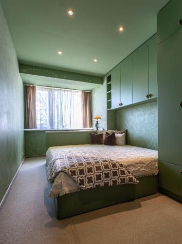 a bedroom with a large bed with a window at Gerda Apartments in Druskininkai