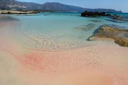 a beach with pink sand and the water at Dream House in Perivólia