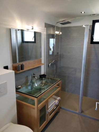 a bathroom with a glass sink and a shower at Les Gîtes du Cap Cod in Varengeville-sur-Mer