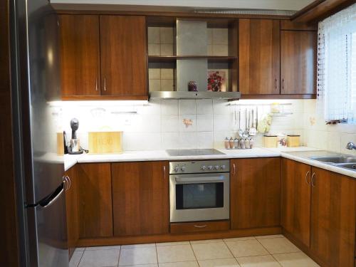 una cucina con armadi in legno e forno in acciaio inossidabile di Casa di kampos ad Adelianos Kampos